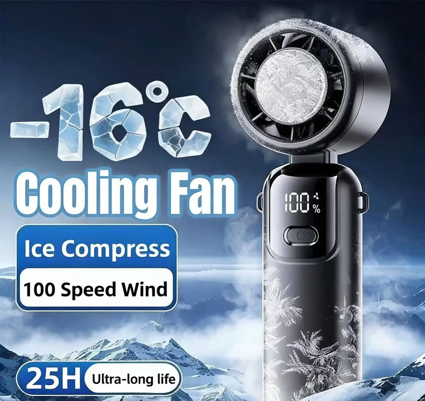 Ventilador de mano portátil 2025 con paquete de hielo colgante, plegable, de alta velocidad, 100 velocidades, ajustable infinitamente, para cuello y exteriores