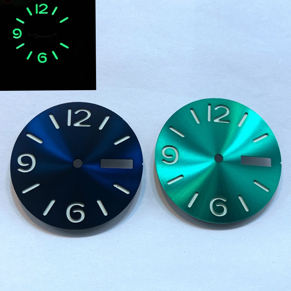 Blank Watch Dial for NH36 28.5mm Double-deck Sandwich blue green Sunburst Watch Faces Green Luminous  for NH36A Movement