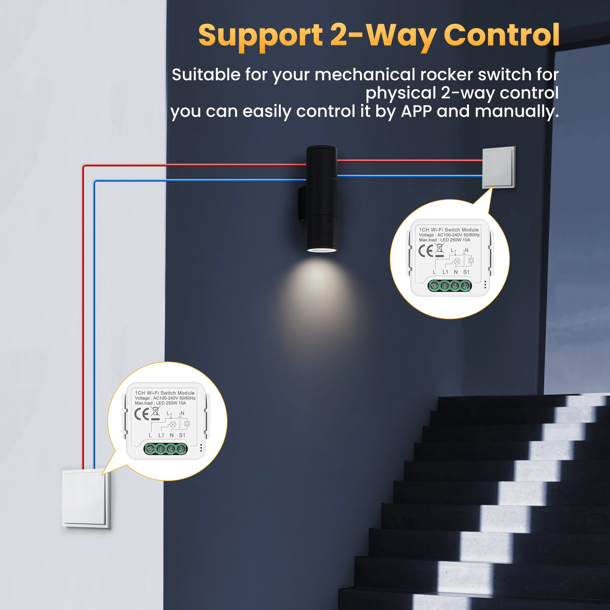 GIRIER Tuya Smart WiFi Switch Module Neutral Wire Required Light Switches 1/2/3/4Gang Suppors Two-way Control Alexa Google Home