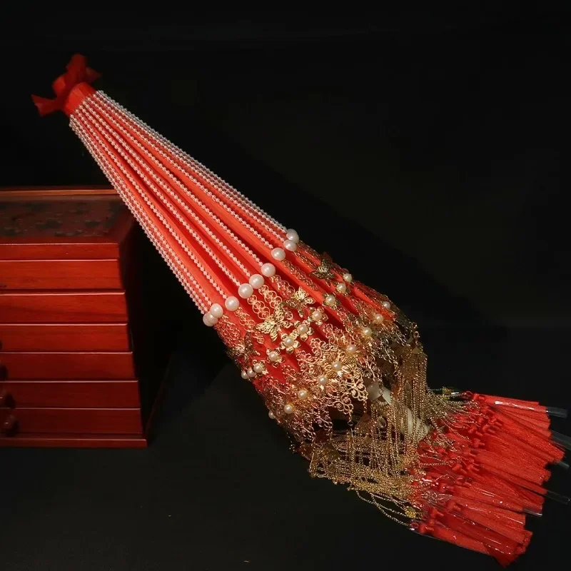 Red umbrella Red umbrella Long handle Chinese antique Hanfu Handmade tassel Bride dowry Engagement Happy wedding