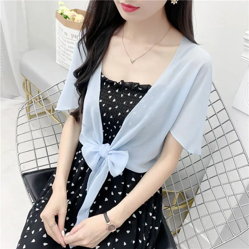 Korean Solid Chiffon Transparent Sunscreen Shawl Women\'s Summer Air Conditioning Blouses Bow Neck Guard Cloak Sun Silk Scarf R17