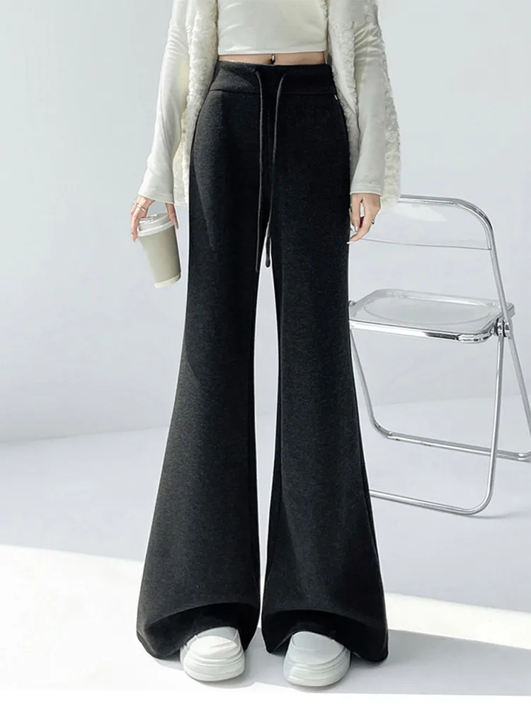 กางเกงขายาวเอวสูงทรงขากว้างสำหรับผู้หญิง ฤดูใบไม้ร่วง ฤดูหนาว รุ่นใหม่ ผ้าซับในหนา ยาวคลุมเท้า สไตล์ลำลอง