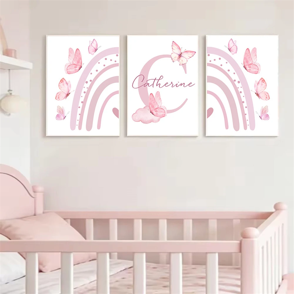 3pcs Personalized Pink Custom Name Cartoon Child Butterfly Rainbow Wall Art Print Canvas Poster Painting Nursery Kids Room Decor