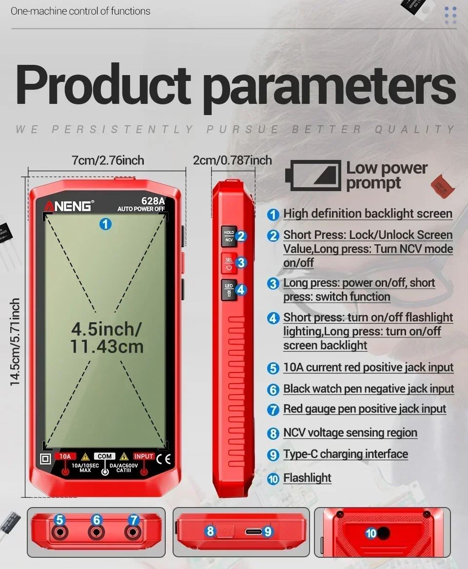 Automatic Multimeter for Measuring AC/DC Voltage Current and Temperature NCV Non-Contact Electrical Testing Model ANENG 628A