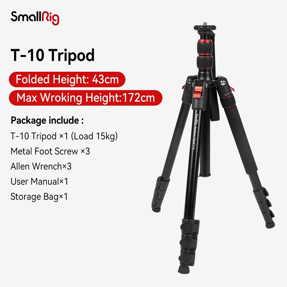 SmallRig T-10 Aluminum Tripod Compact lightweight Foldable Tripod Can Load 15kg Suitable Various Scenarios for Camera Phone 3983