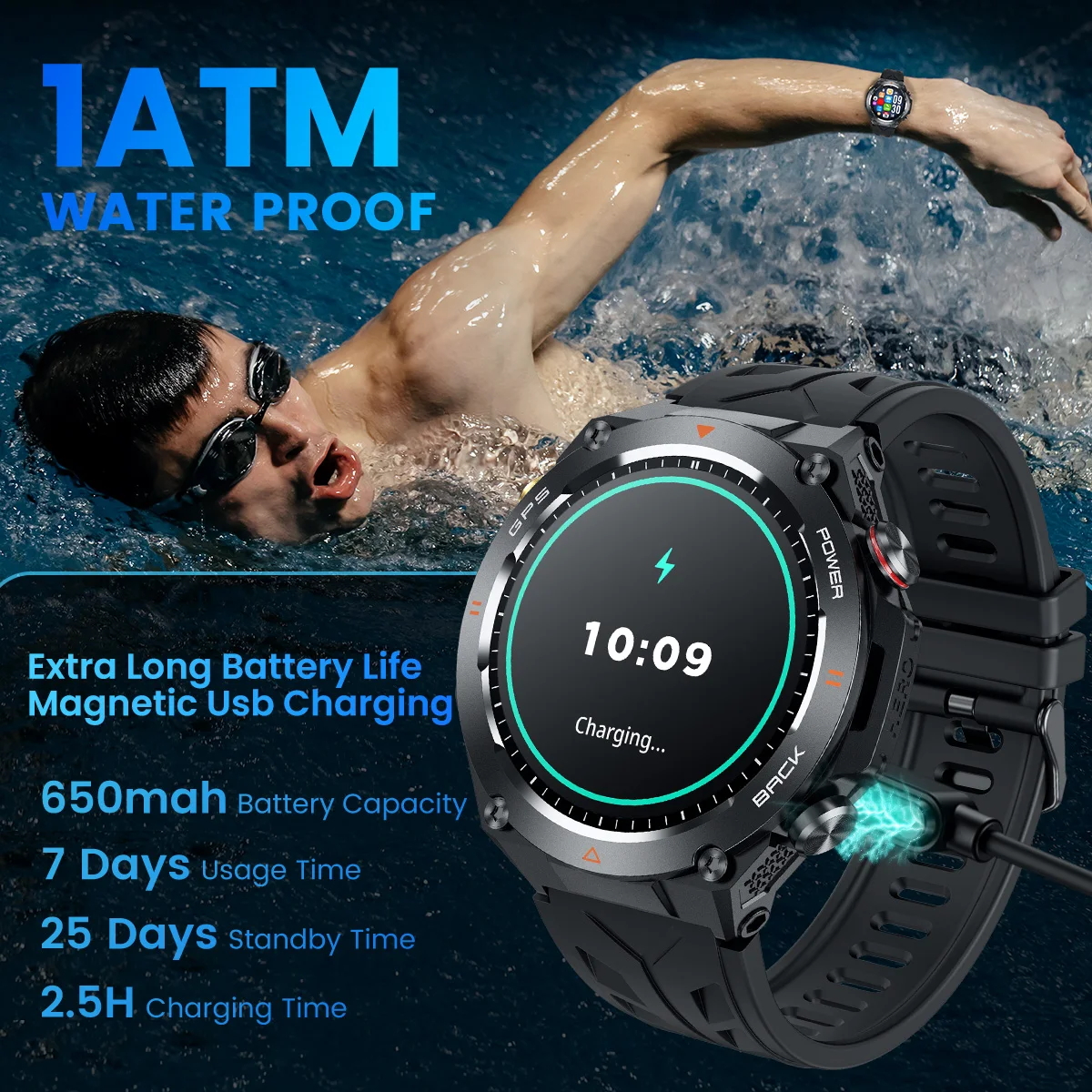 GPS relógio inteligente masculino lanterna ipx8 à prova dwaterproof água bússola 650mah esporte ao ar livre rastreador bluetooth chamada smartwatch 100 + modos esportivos