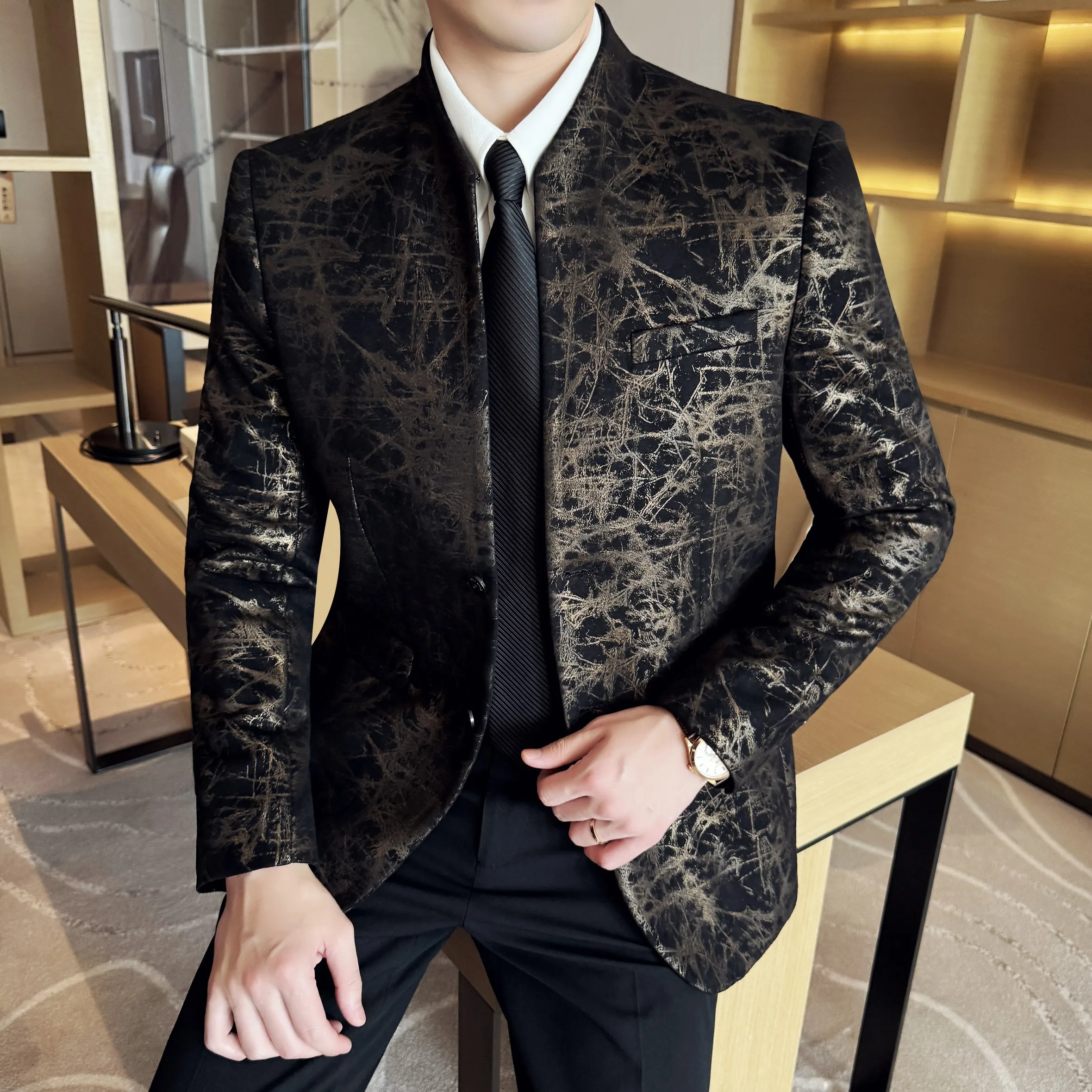 Brand Stand Collar Jacquard Suit Jacket for Men Fashion Casual Business Suit Jacket Korean Slim Fit Wedding Groom Social Blazers