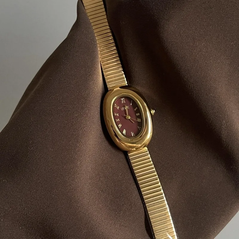 جديد فاخر المرأة الصغيرة الهاتفي سوار ذهب ساعة خمر الوجه الأحمر الكوارتز الفولاذ المقاوم للصدأ حزام ساعات المعصم هدايا السيدات #5