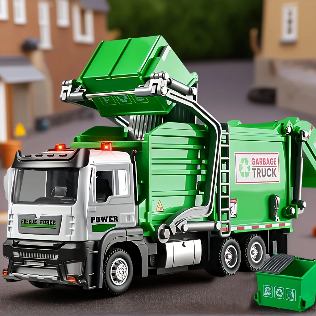 Conjunto de brinquedos de veículo de saneamento para sala de motorista de liga - com efeitos sonoros e luminosos, modelo de caminhão de lixo de simulação com 4 latas de lixo