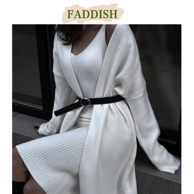 FADDISH 2024 New Women Fashion Loose Sweater Cardigan + Autumn Winter Solid Color Casual V-Neck Pullover Dress Set Female