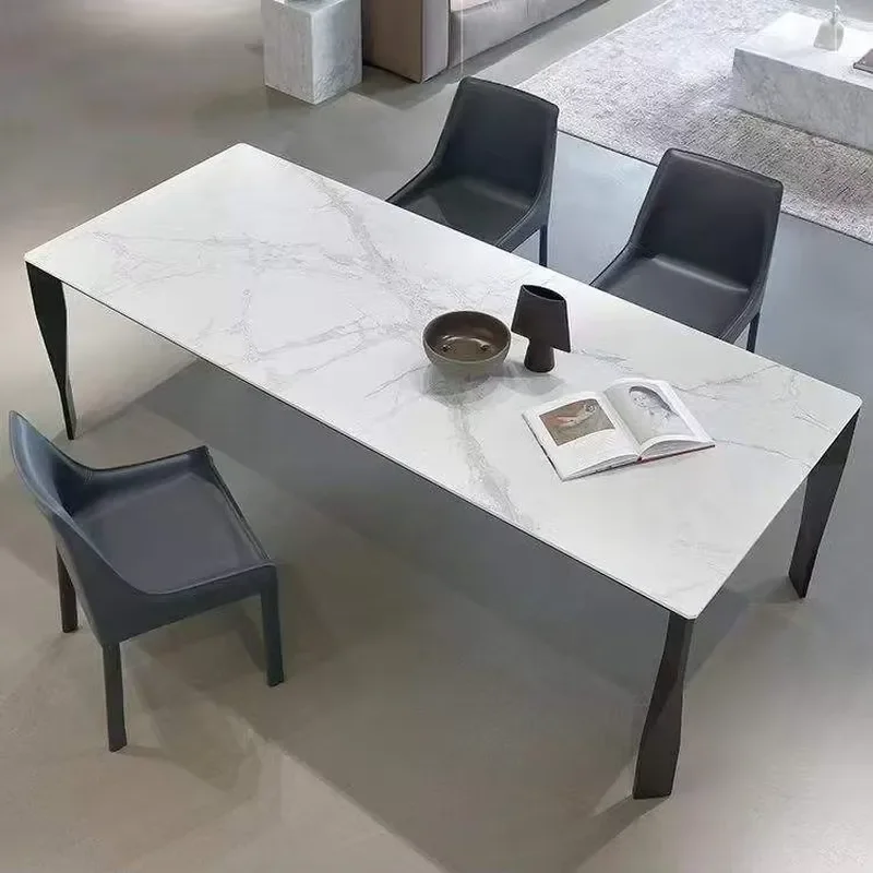 Industrial White Rectangular Sintered Stone Dining Table with 4-Leg Aviation Aluminum Base for Home Kitchen & Living Room