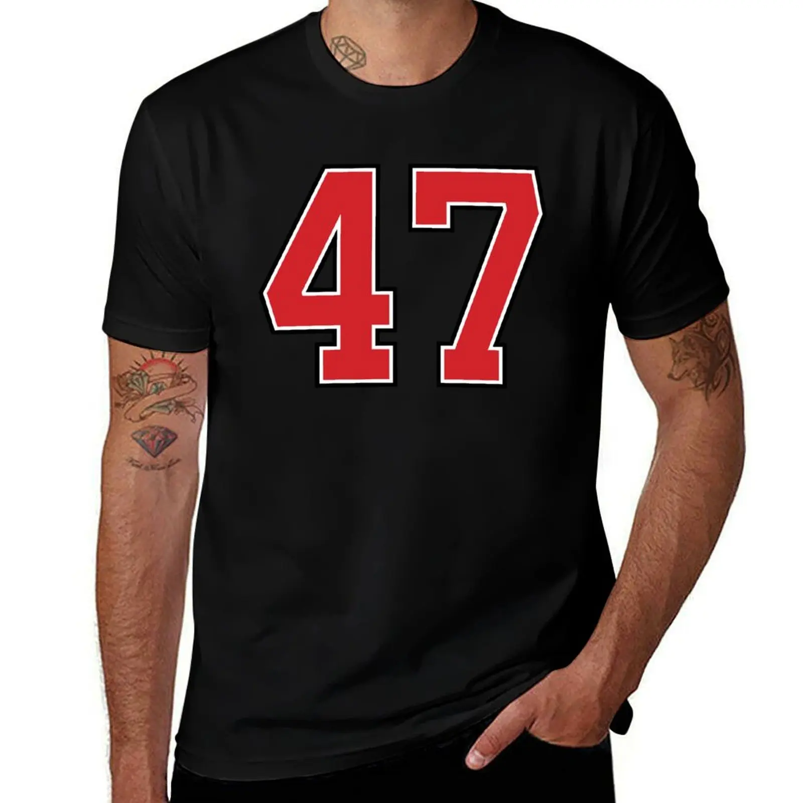 Sports Number 47, red black color lucky sport forty seven T-Shirt blue archive anime clothes mens fashion