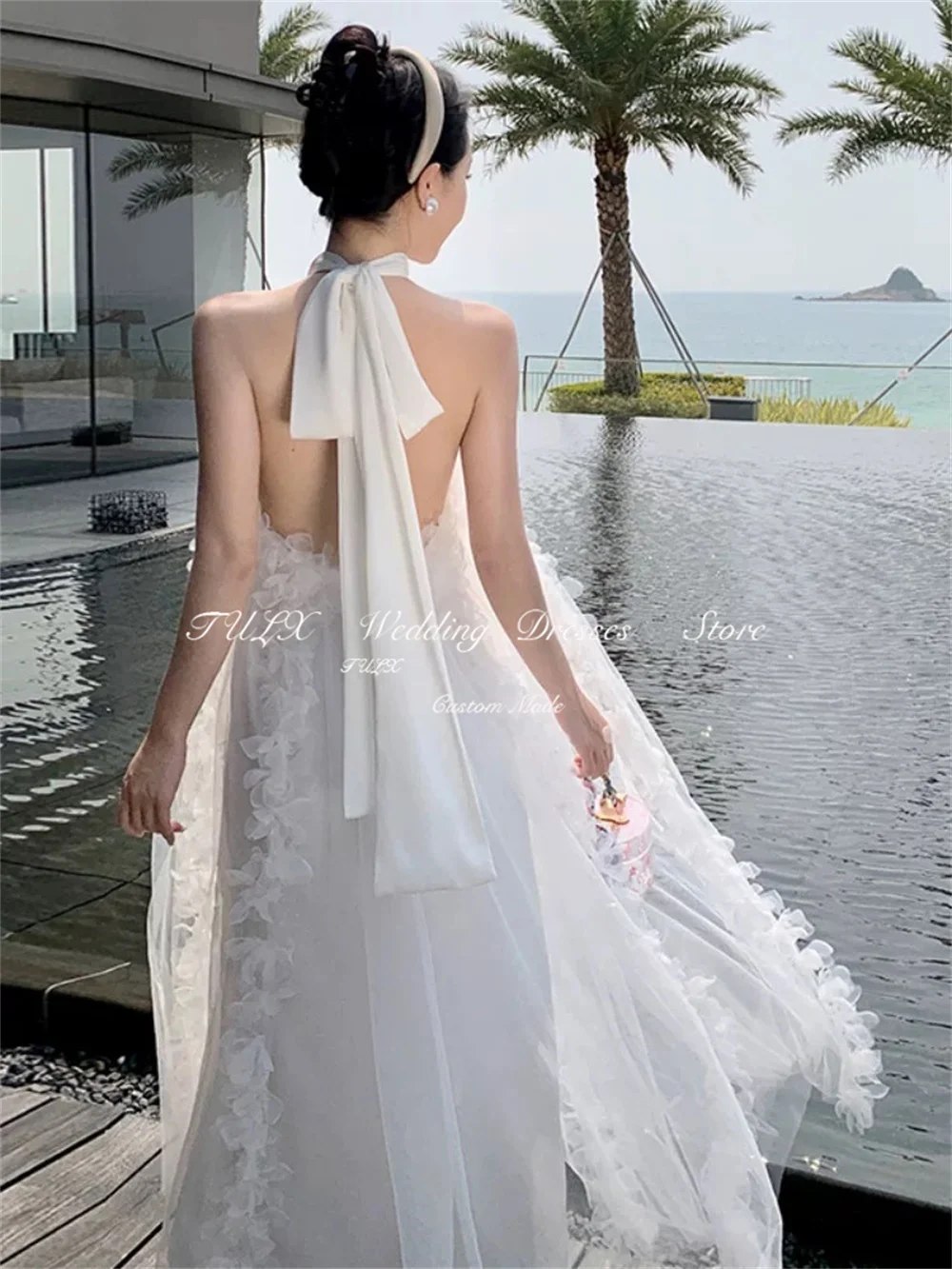 TULX Princess Petals Decoration Wedding Photo Shoot Dress Halter Sleeveless Korea Bridal Gowns Tea Length 웨딩드레스 Customized 2025