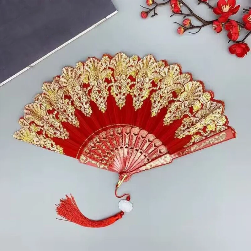 Art Craft Gift Chinese Style Folding Fan Hand Gold Powder Plastic Fan Dance Wedding Party Folding Fan Gift Home Decor