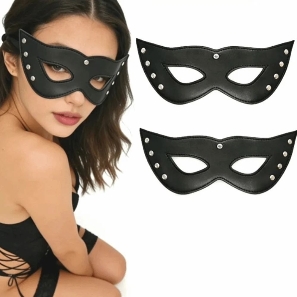 Stage Performance Masquerade PU Leather Mask Gothic Style Punk Half Face Mask Handsome Adjustable Cat Eye Mask Role Play