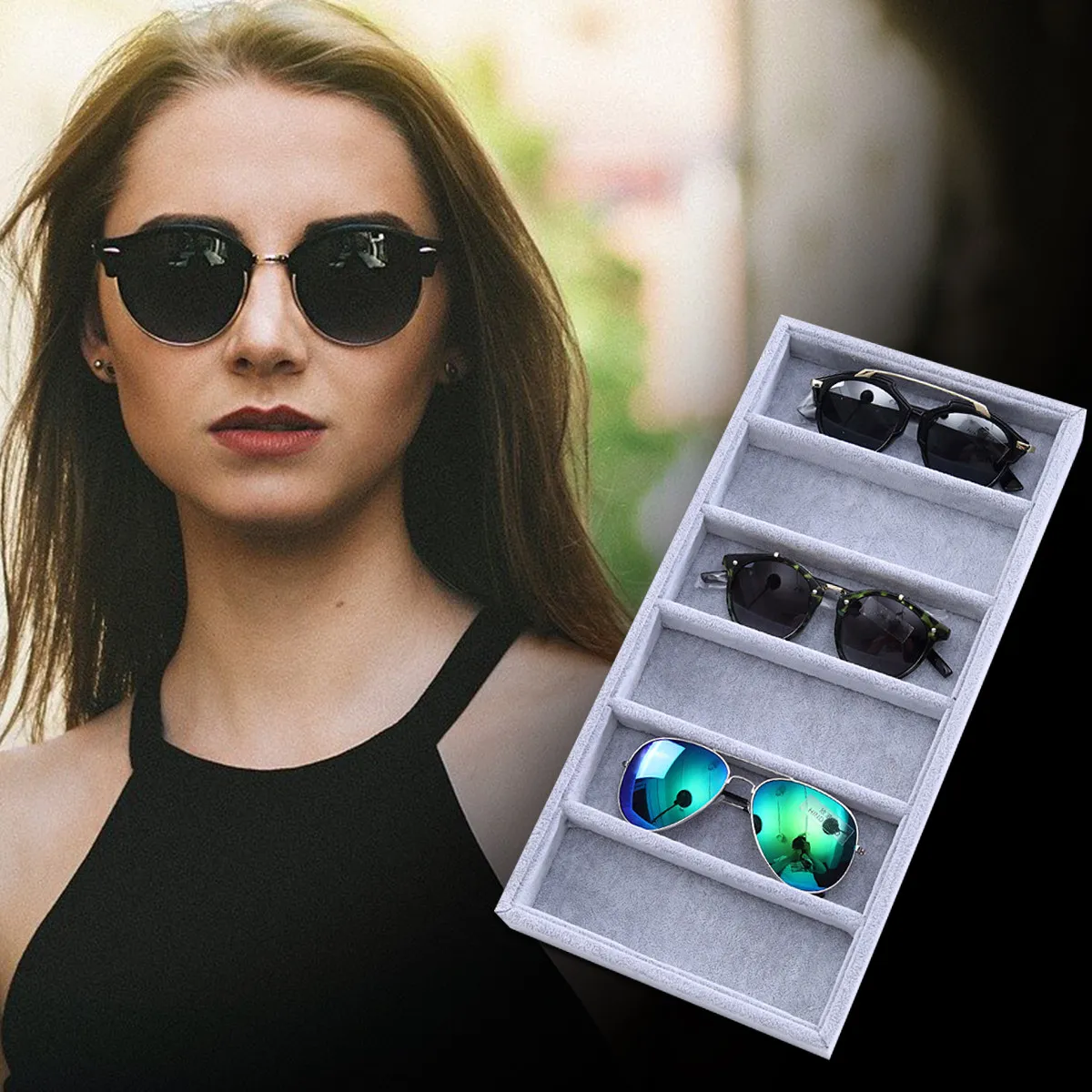 

Органайзер для ювелирных изделий и очков, тканевый лоток для хранения, коробка с 6 отделениями, подставка для очков, демонстрационная тарелка для очков, хранение солнцезащитных очков, 1 шт.