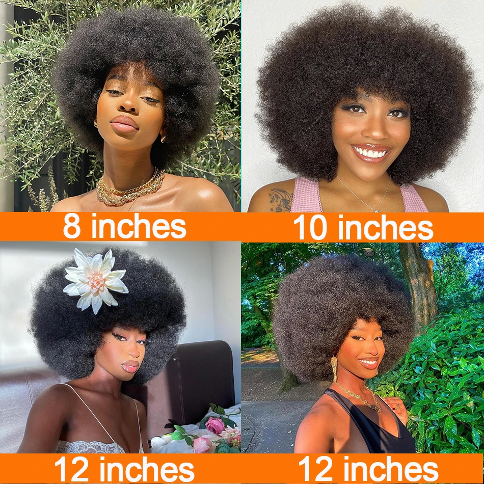 Pluizige Afro Kinky Krullend Menselijk Haar Pruik Met Dikke Pony Natuurlijke Korte Bob Pruiken Voor Zwarte Vrouwen 180% Dichtheid Volledige machine Haar