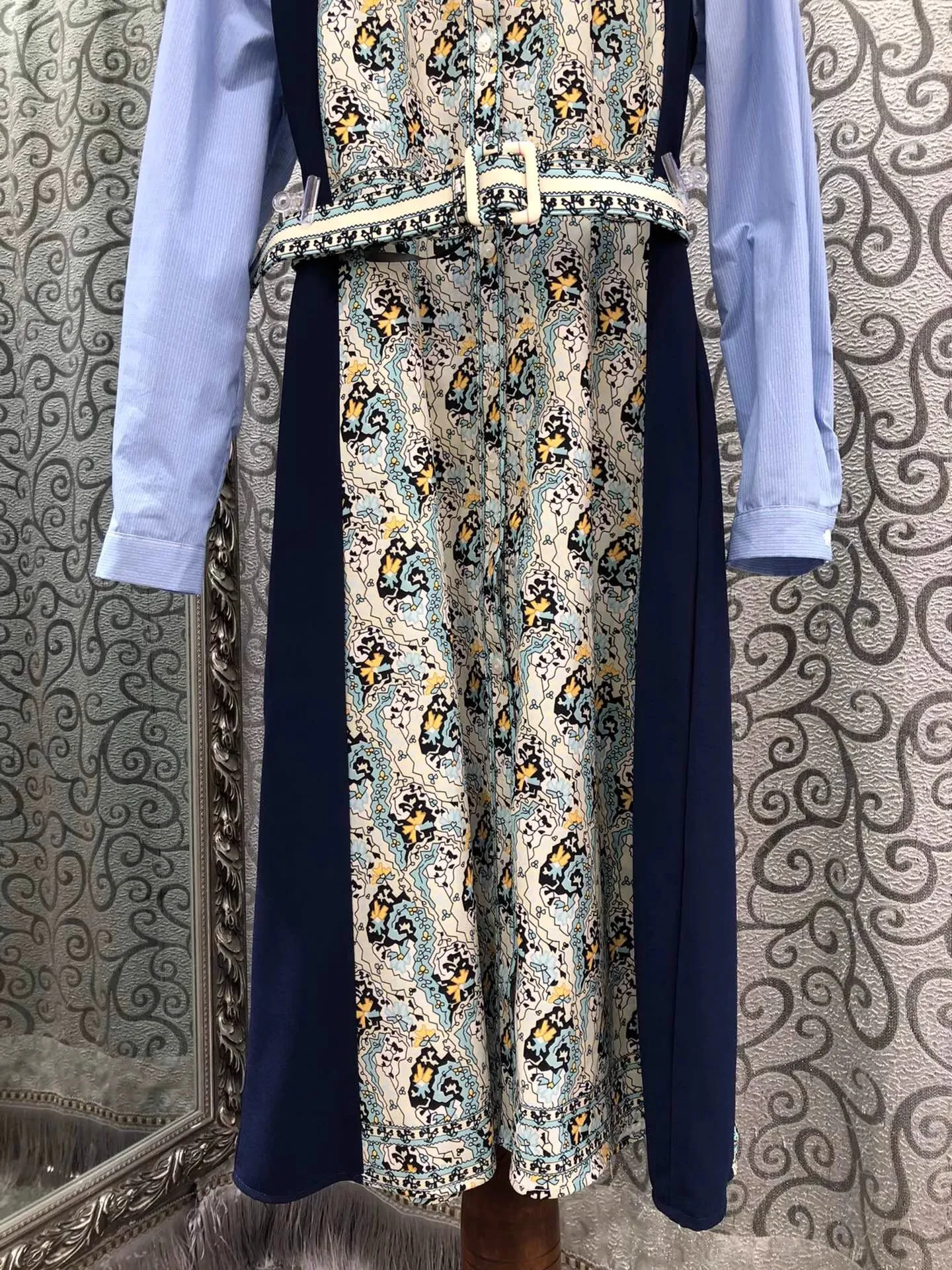 Top qualité nouvelle robe chemise longue 2025 automne femmes col rabattu Vintage imprimé fleuri Patchwork robe à manches longues avec ceinture