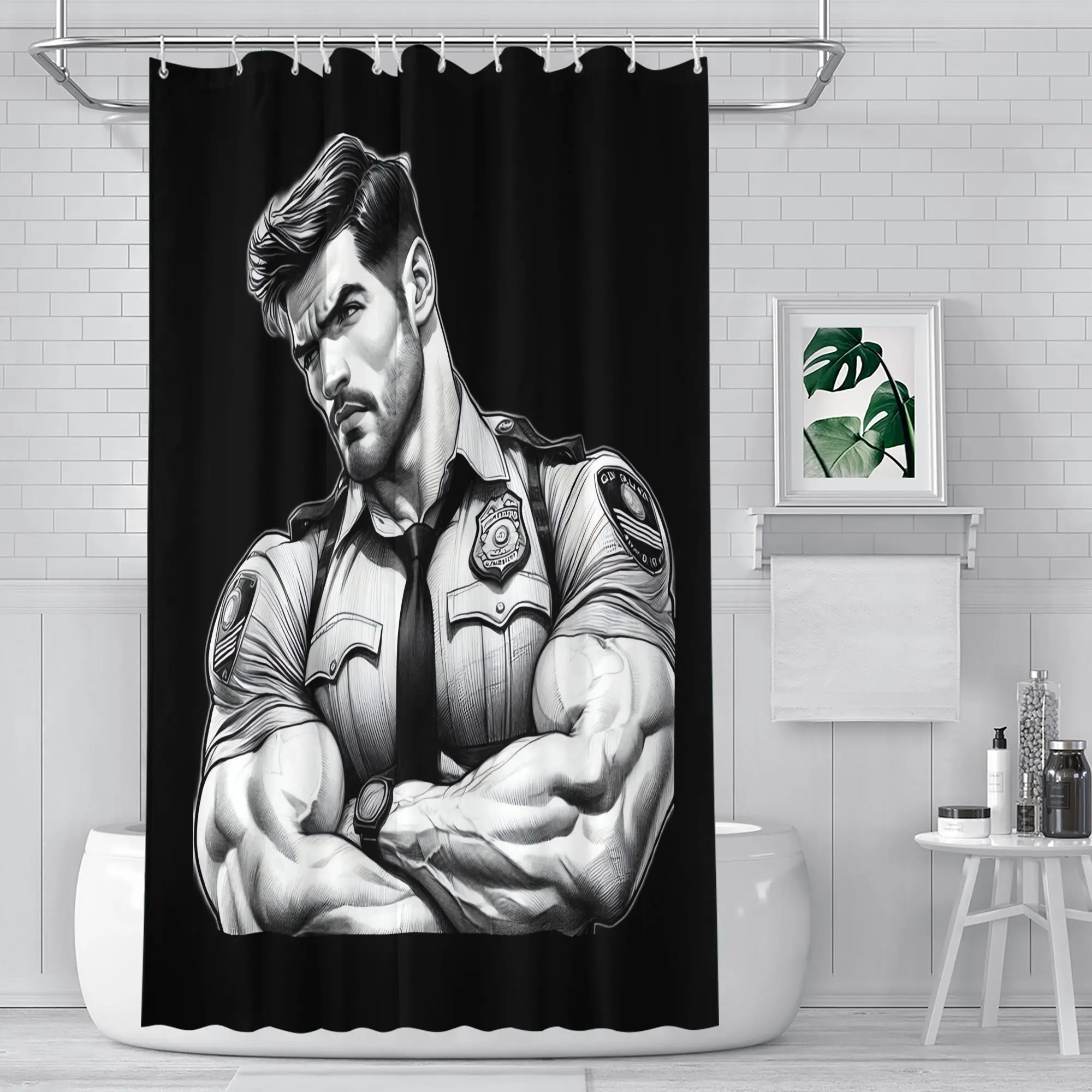 Waterproof Shower Curtain Man Comic Art Police Officer Theme Bathroom Wall Decor Stylish Large Print 90x180cm