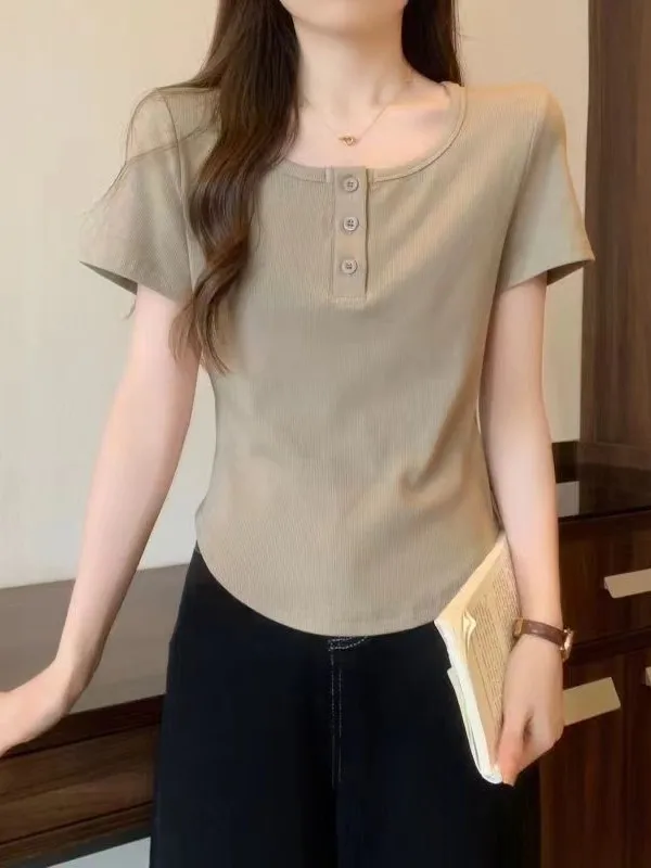 Modna bawełniana koszulka damska na lato, dopasowany krój, bazowa koszulka z kwadratowym dekoltem, codzienna bluzka damska.