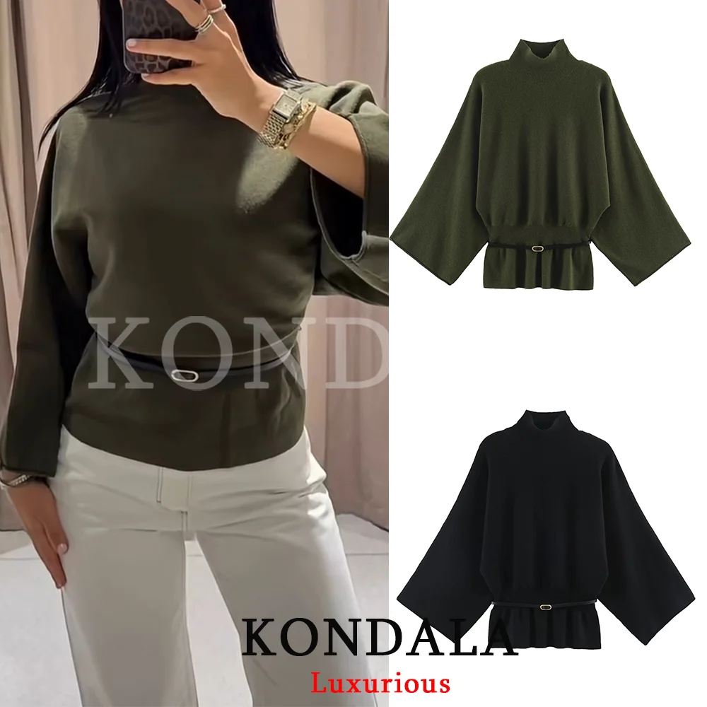 KONDALA Holiday Casual Trendy Women Sweater Turtleneck Sashes Long Sleeve Slim Knitted Top Fashion 2026 Autumn Winter Sweater