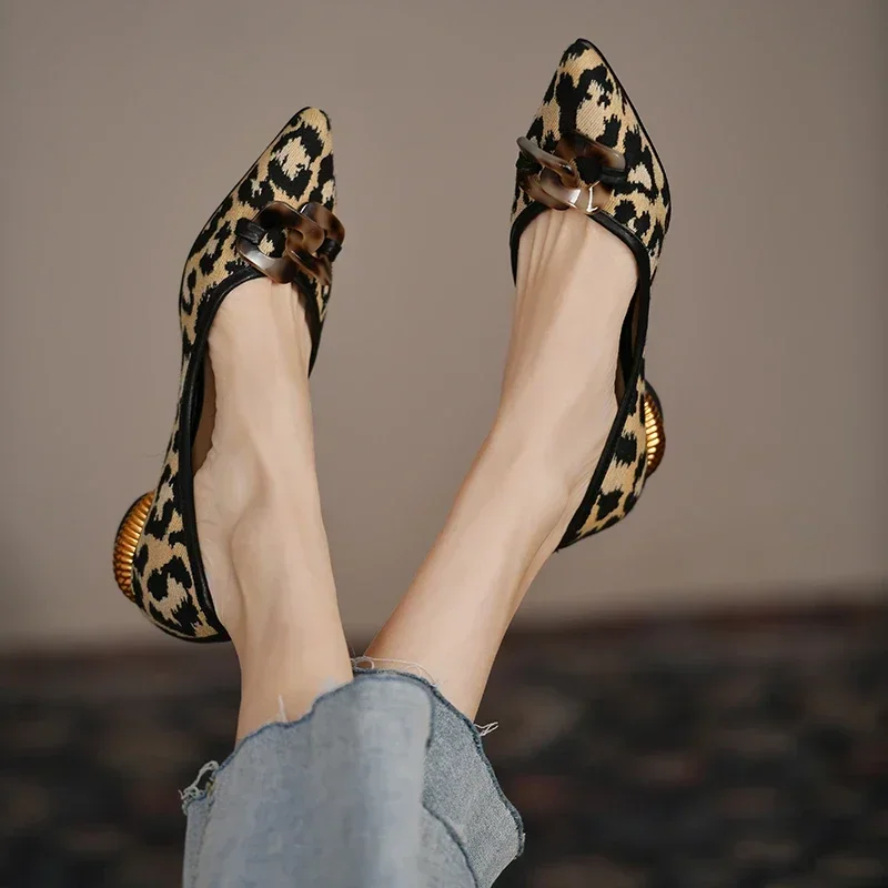 Shoes for Womens Spring Autumn Fashion Pointed Head Leopard Shallow Strange Heel Pumps French Chain Low Heel Comfortable Shoes