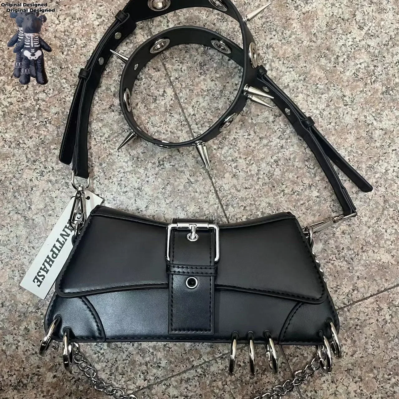 Y2K Vintage Gothic Cool Underarm Tote Bag Rivet spike Chain One Shoulder Handbag Leather Rock Girls Crossbody Bags