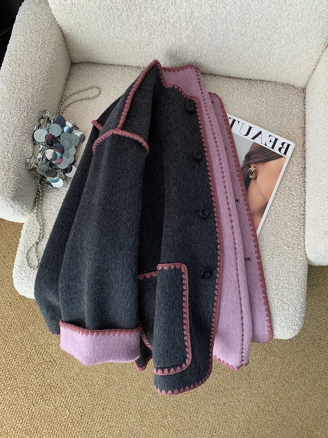 

Ele Double-Sided Woolen Coat Women's Casual round Ne Spring Autumn Versatile Comfortable Warm Faionable Ladies Jaet