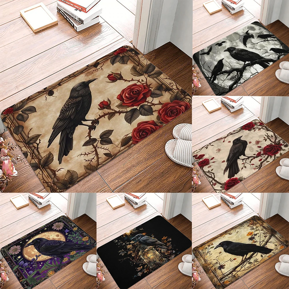 Halloween Crow Print Welcome Doormat Non-Slip Washable Carpet for Living Room Bedroom Bathroom Kitchen and Laundry Rug