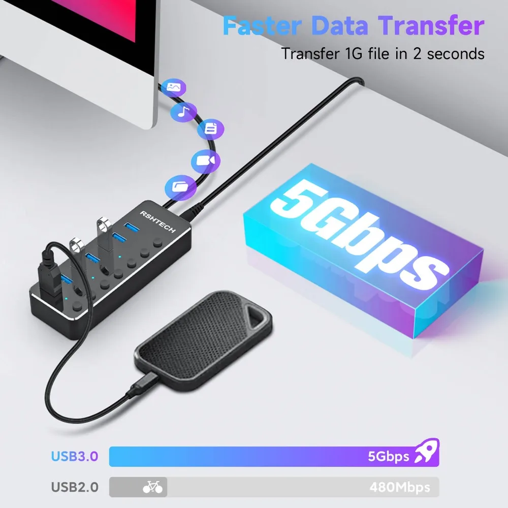 Imagem -03 - Rshttech-usb 3.0 Hub 5gbps 5gbps Alumínio Portas Usb c Switches Individuais para Laptop