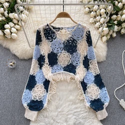 Vintage Women Sweaters Contrast Color Floral Pattern Pullover Tassel Knitting Shirt Female Versatile Hollow Out Tops Smocks