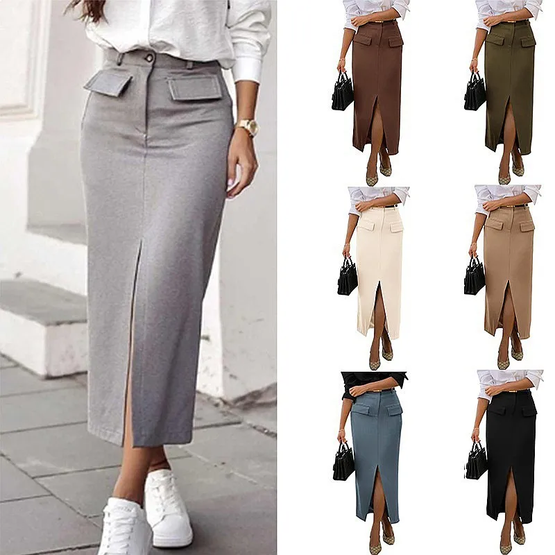 Elegant Women's Bodycon Pencil Skirt with Pockets Slit Office Casual Tight Midi Skirts for Spring Summer