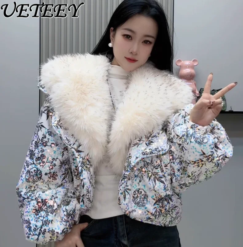 Manteau court scintillant à paillettes lourdes pour femme, avec grand col en fourrure, manches lanternes, veste chaude épaisse à la mode, nouvelle collection hiver