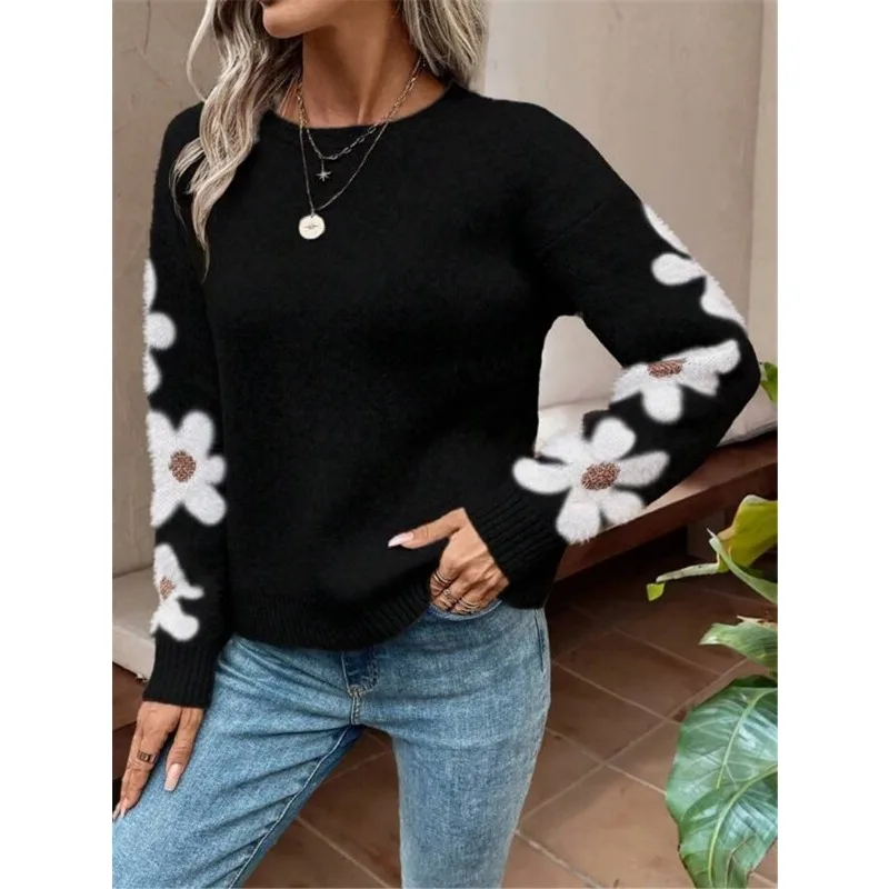 Women Loose Floral Pattern Long Sleeve Pullover Sweater Female Daily Clothes Autumn New Women\'s Loose Round Neck Knitted Top