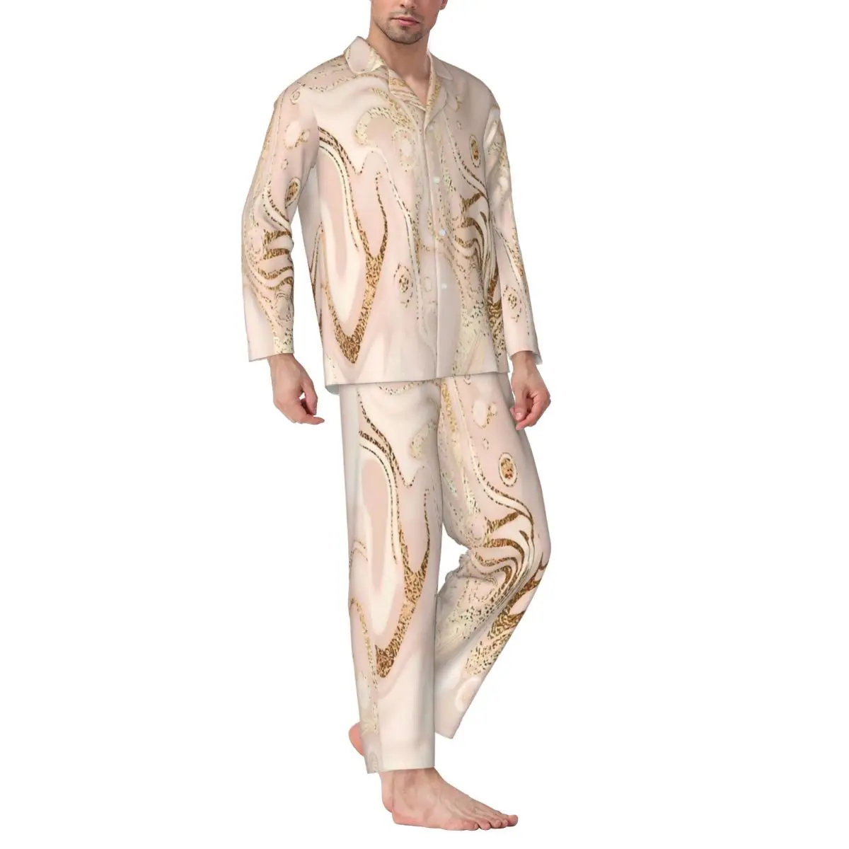 Rose Gold Marble Print Sleepwear Spring Casual Oversized Pajama Sets Men Long Sleeve Cute Soft Daily Design Home Suit