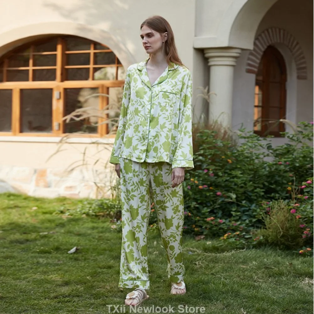 TXii Newlook [Green Print] Ice Silk Pajamas Women's High-end Sense ins Style Lapel Spring and Summer Long Sleeve Home Suit