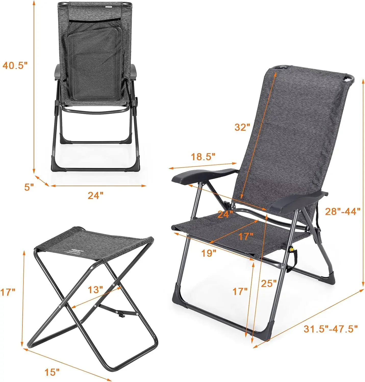 Giant 4-pack opvouwbare terrasstoelenset 2-delige set met voetsteun, draagbare en verstelbare rugleuning voor terrasstoelen