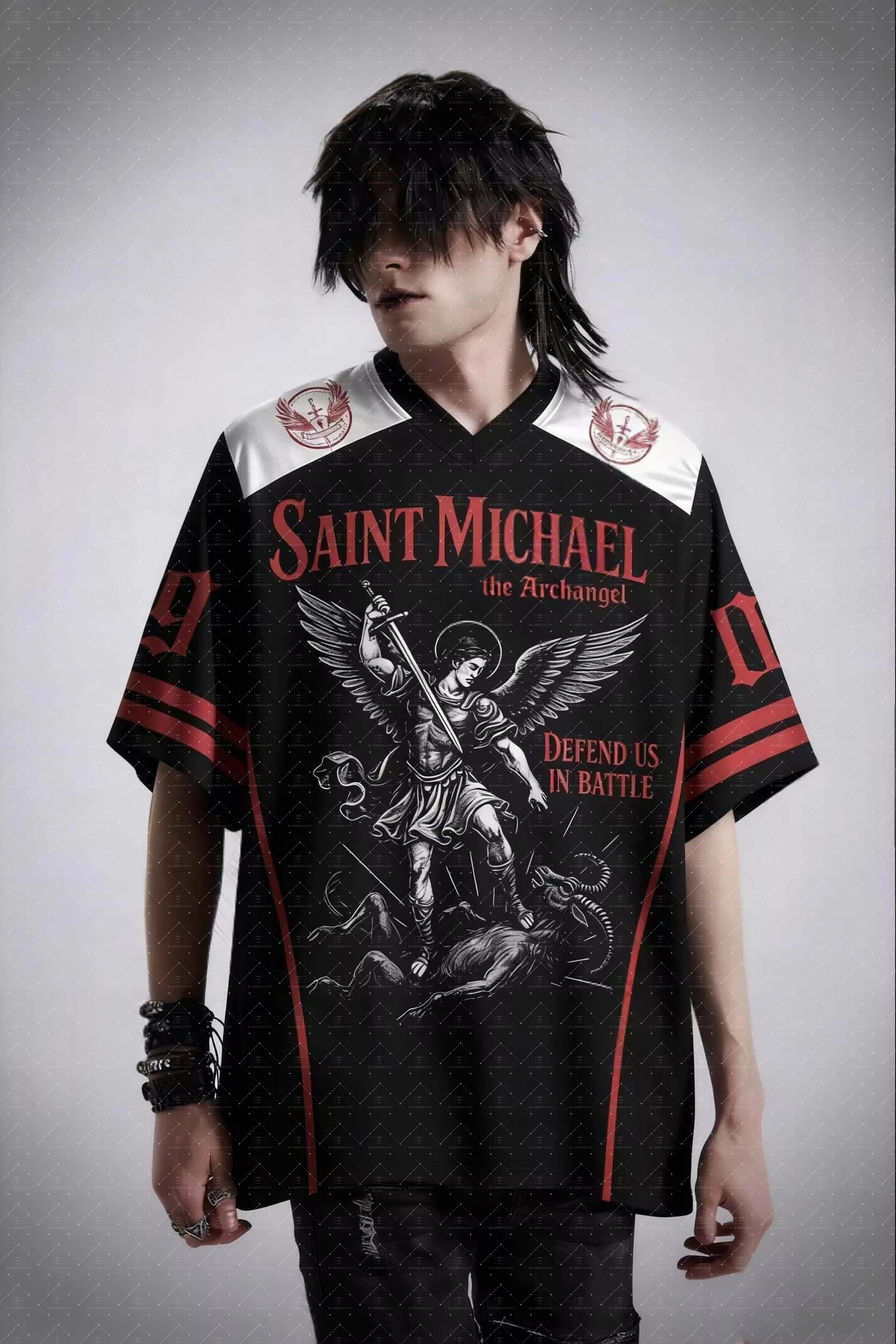 2026 Retro Religious Winged Angel Sword Art Mesh Short Sleeve Jersey Emblem Decor Double Red Stripe Cuff Unisex Goth Street Top