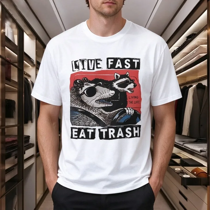 LIVE FAST EAT TRASH Print Men’s T-Shirt Funny Raccoon Comic Graphic Tee Modal Soft Crewneck Short Sleeve for Casual Streetwear