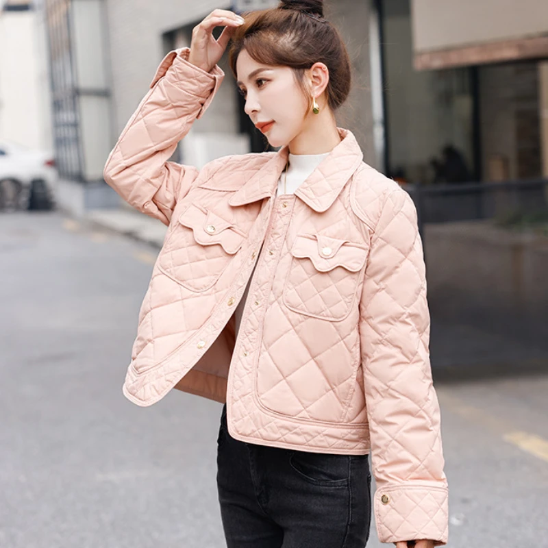 Women's Winter Jacket Short Down Coats Korean Simple Elegant Pockets Stylish Outerwears Lapel Lightweight Warm Snow Down Jackets