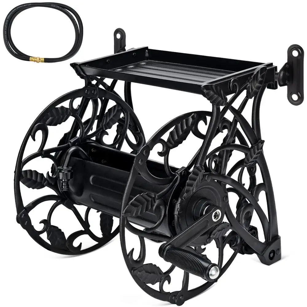 Portable Cast Iron Garden Hose Reel Wall Mount with 6.5ft Leader Hose Storage Shelf Holds 130ft of 5/8 Hose Ideal Garden Tools