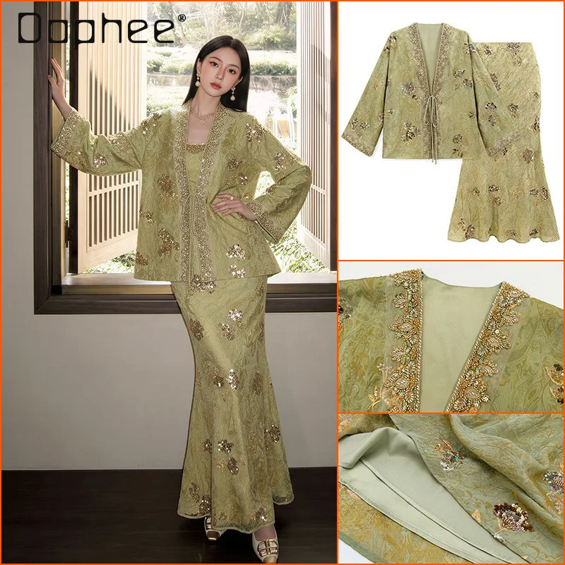

High End New Chinese Style Temperament Celebrity Bead Embroidery Sets Loose Long Sleeve Jacket Skirt Sling Three-piece Set Women