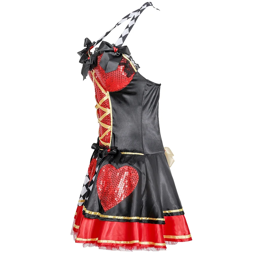 Women\'s Wonderland Alice Queen of Hearts Queen poker Costumes Halloween Sexy Empress Cosplay Red Gothic Sequins Short Dress
