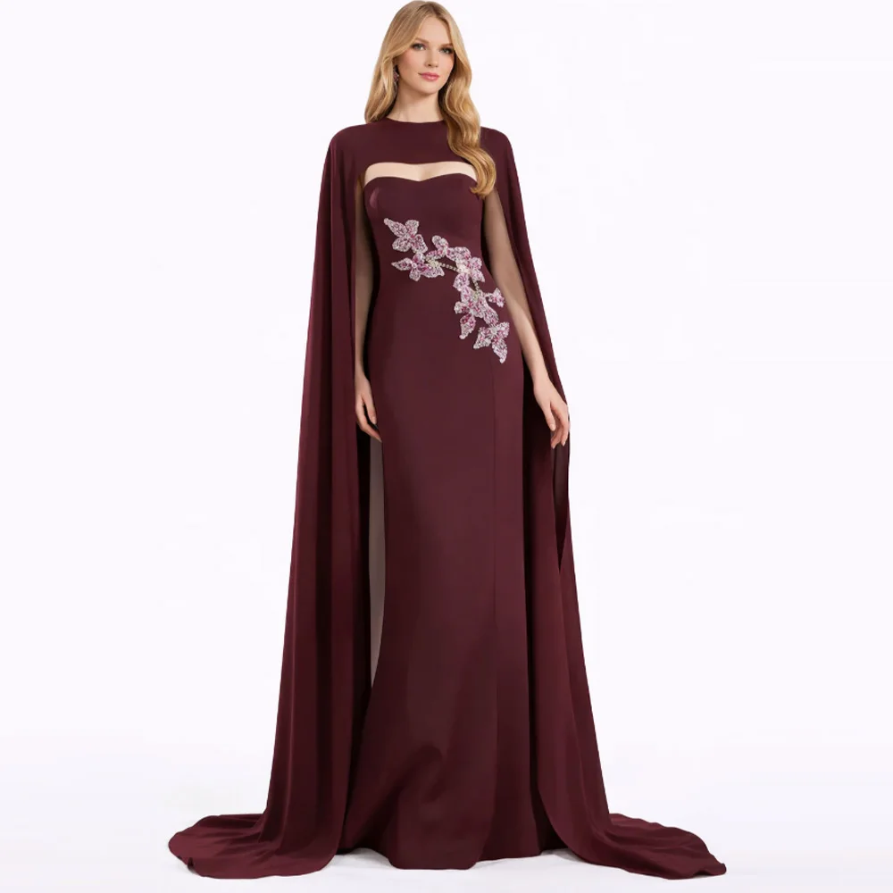 

Customized Evening Dress with Chiffon Cape Beading Applique Mermaid Customized Strapless Sleeveless Arabian Party Gown