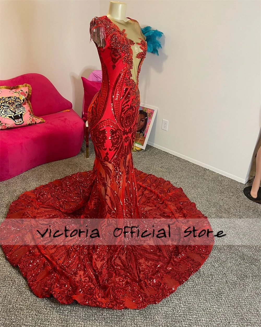 Gorgeous Red Sequined Lace Crystal Prom Dress 2024 Blackgirl Mermaid Party Dress Women Elegant Luxury See Thru Customized