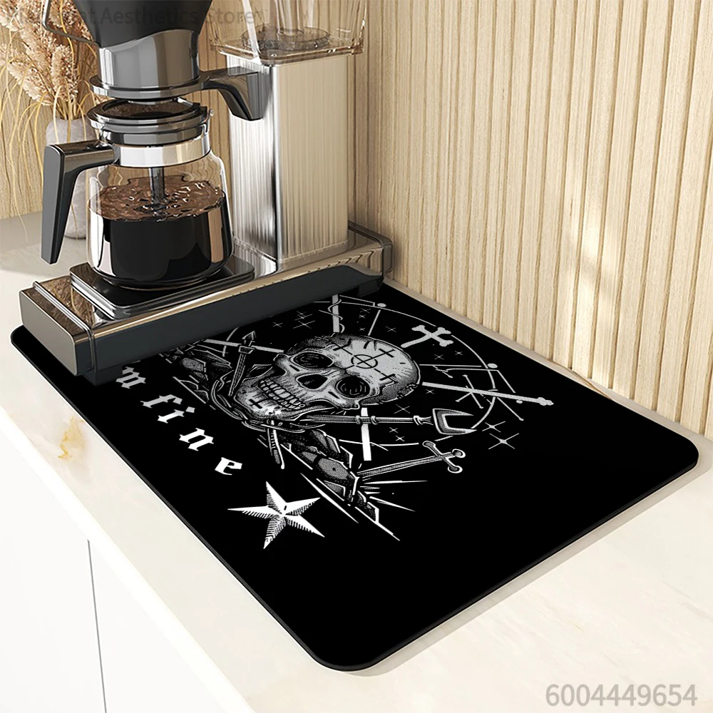 Absorbent Coffee Mat Dish Draining Mat Gothic Skeleton Kitchen Drying Mat Quick Dry Bathroom Drain Pad Kitchen Faucet Placemat