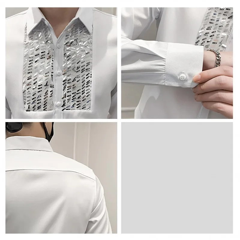 Camisa de esmoquin de manga larga para hombre, vestido de lentejuelas delanteras, ropa superior ajustada, blusa de baile para fiesta de boda, blanco