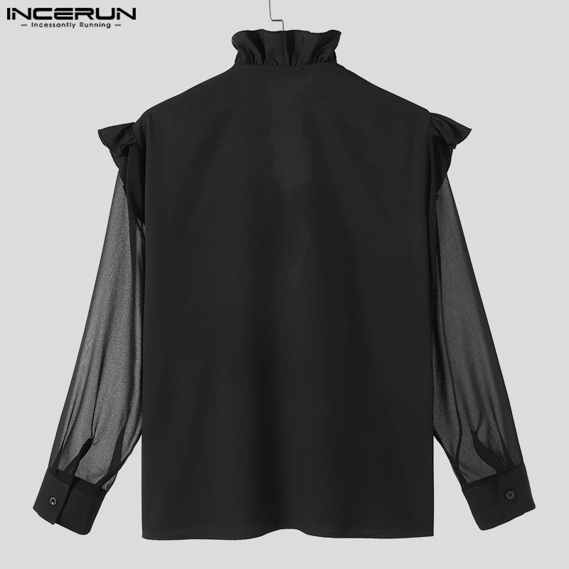 INCERUN Men Shirt Mesh Patchwork Ruffle Transparent V Neck Long Sleeve Zipper Men Clothing Streetwear 2024 Fashion Casual Shirts