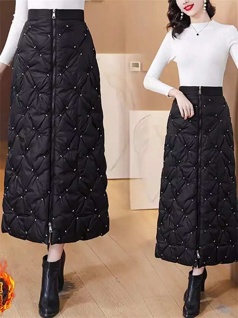 High End Down Cotton Skirt Winter Thickened Beaded Long Style  Women Wearing Windproof And Warm Quilted Skirt Mujer Faldas Z4646