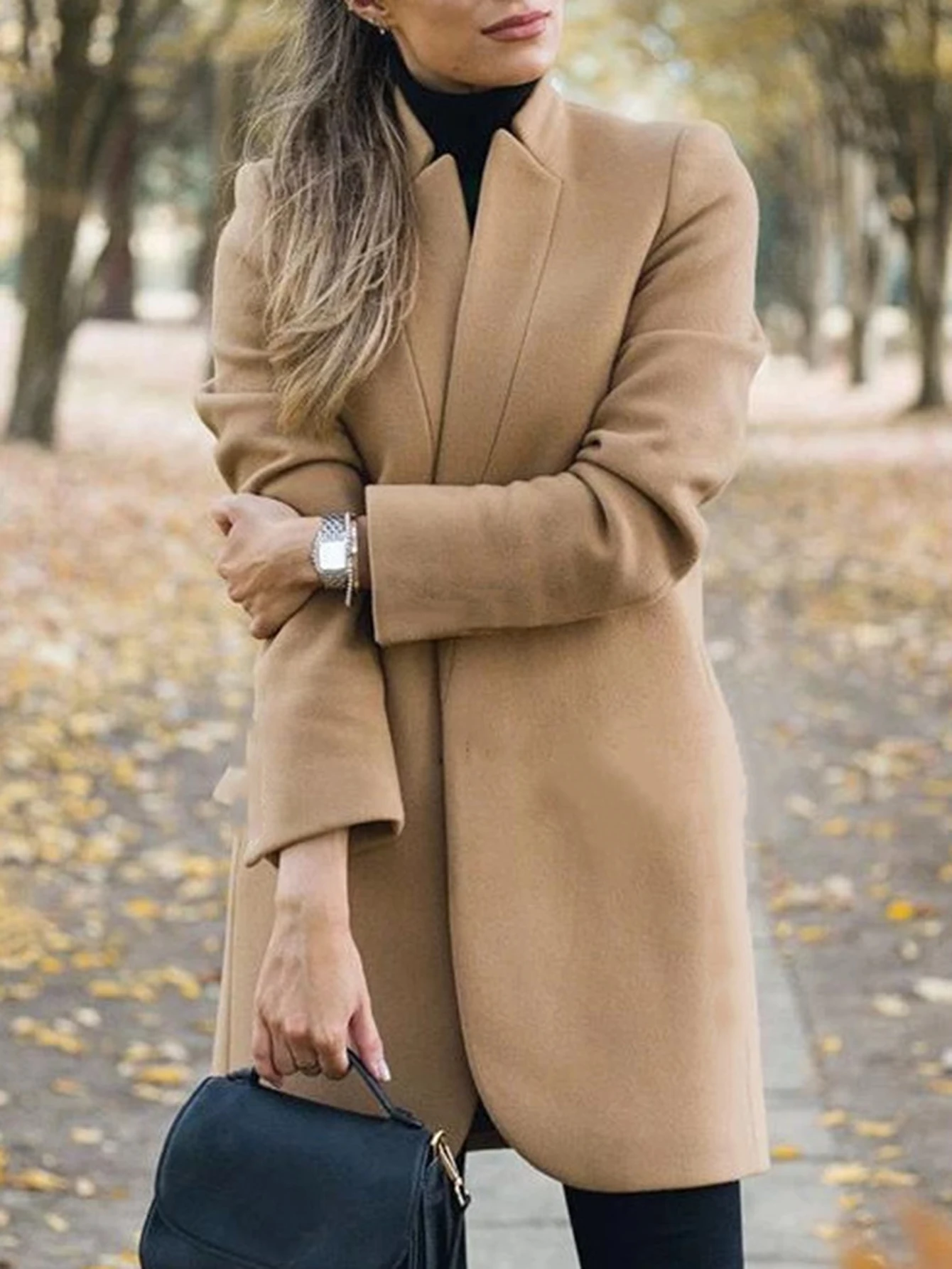 معطف نسائي طويل الأكمام برقبة على شكل حرف V بلون سادة للخريف والشتاء معطف كاجوال للمكتب اليومي مع جيوب صدر واحد للسيدات #3